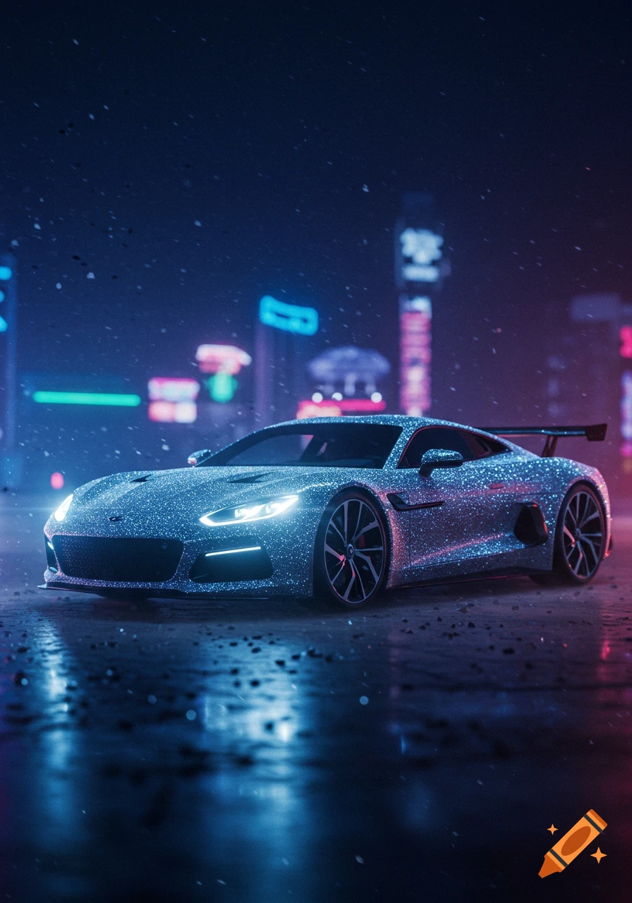 A glittery blue sports car with bright headlights on a wet street in a neon-lit city at night, with light snow falling.