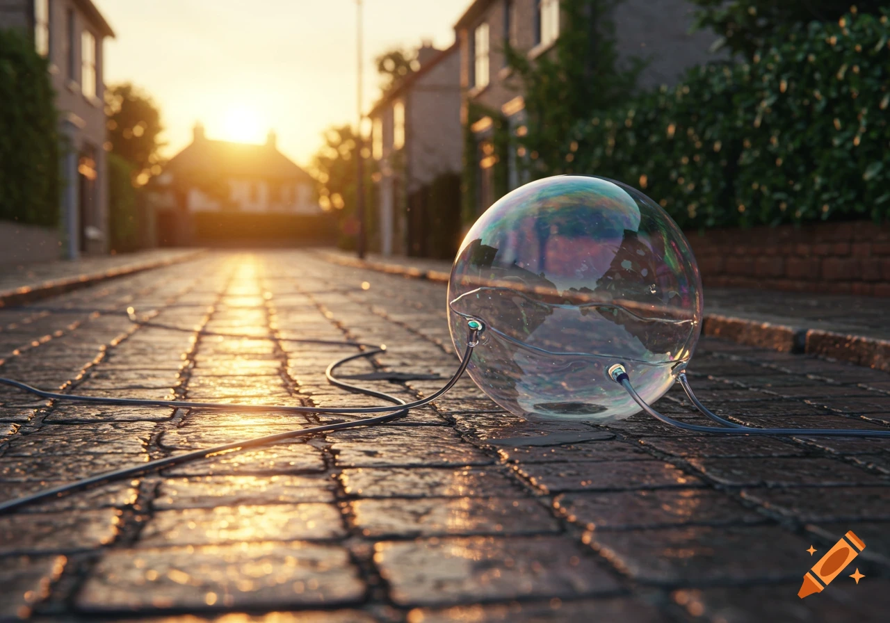 Photorealistic image of a large, iridescent bubble with cables on a wet cobblestone street at sunset, with houses in the background.