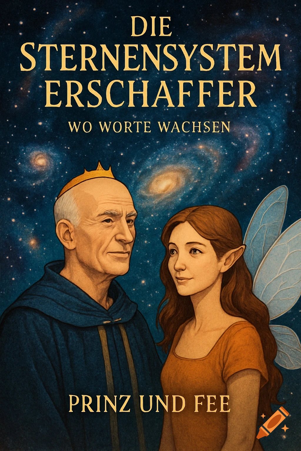 Illustrated book cover: an older man and a winged fairy against a starry cosmos. Text: 'DIE STERNENSYSTEM ERSCHAFFER', 'WO WORTE WACHSEN', 'PRINZ UND FEE'.