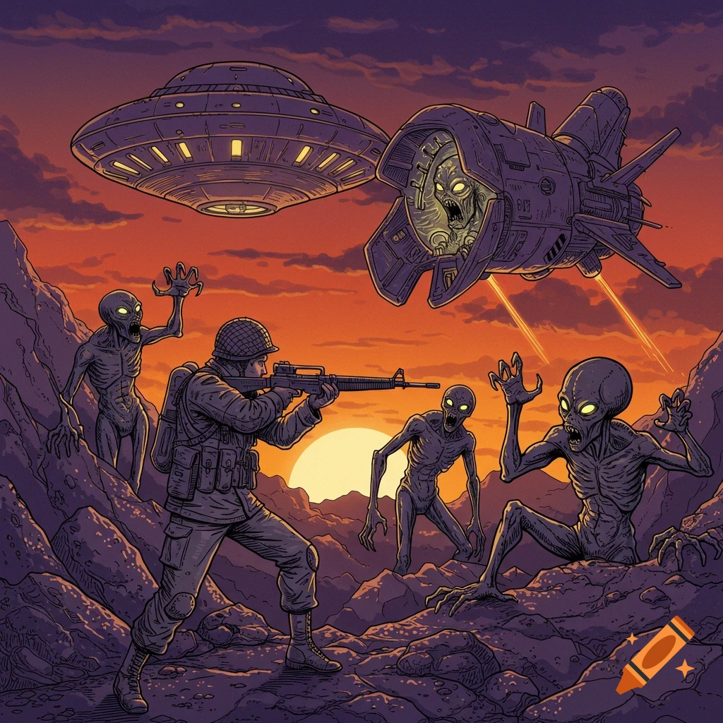 A soldier aims a rifle at skeletal aliens while two spaceships fly above a rocky landscape at sunset, in a comic book style.
