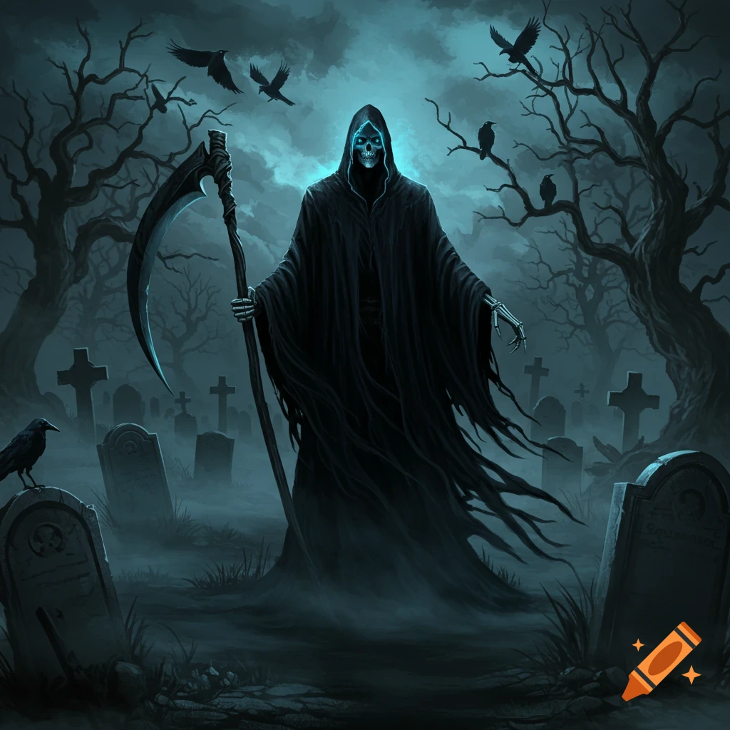 A grim reaper with a glowing skull face and a large scythe stands in a misty graveyard with bare trees and flying crows, in a dark fantasy art style.