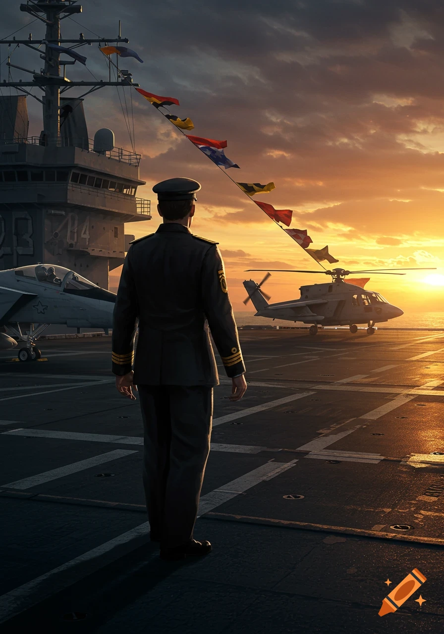 A military officer stands on an aircraft carrier deck at sunset, looking out, with jets, helicopters, and signal flags visible. Photorealistic style.
