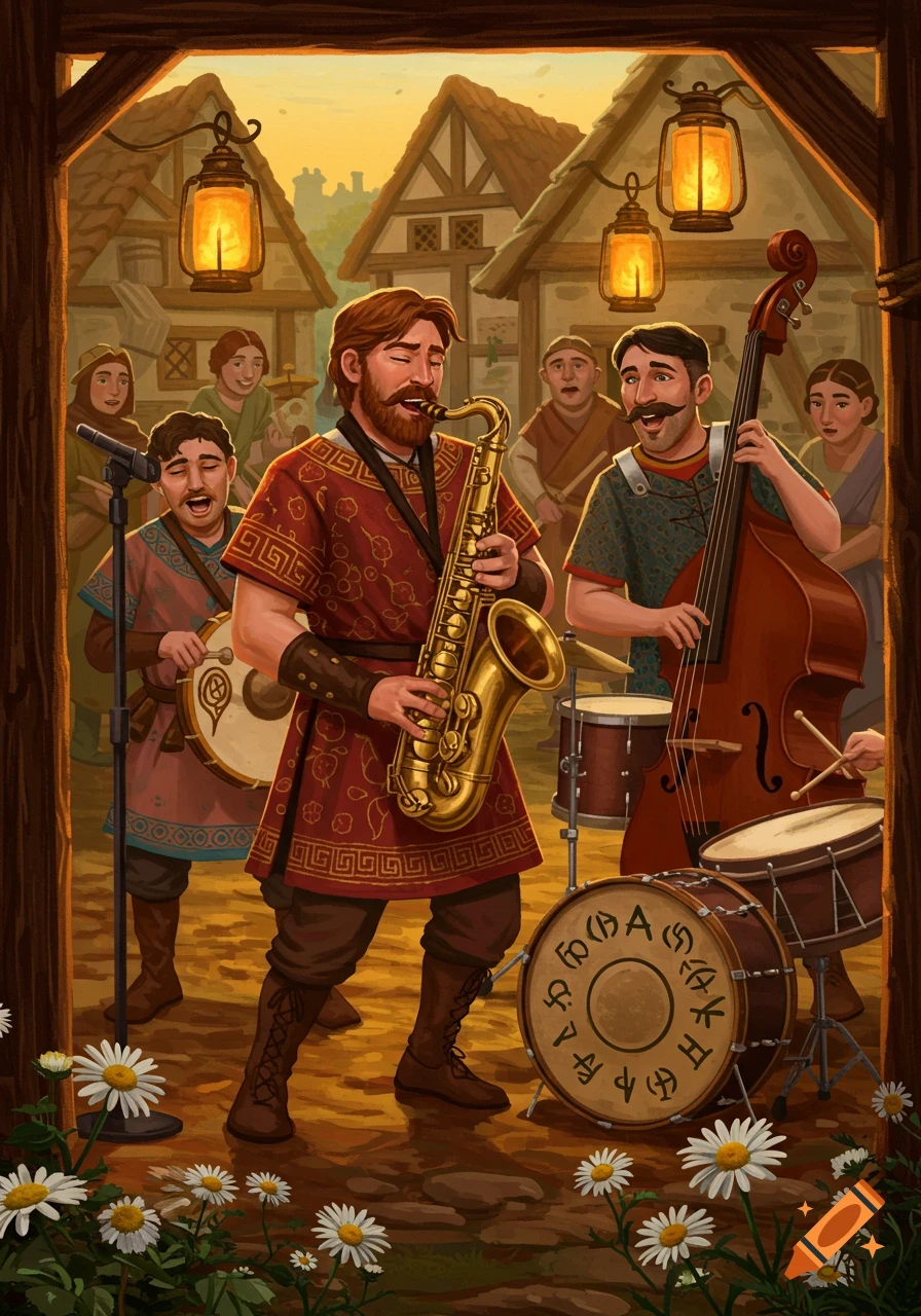 An illustrated scene of a band of bearded men playing saxophone, double bass, and drums in a rustic village at sunset.