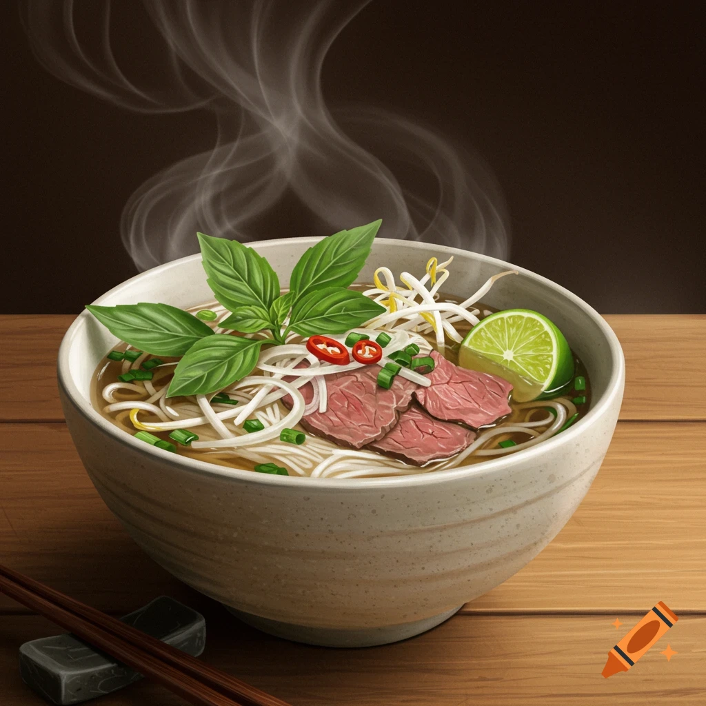 A steaming bowl of pho with beef, rice noodles, basil, bean sprouts, chili, and a lime wedge on a wooden table with chopsticks.