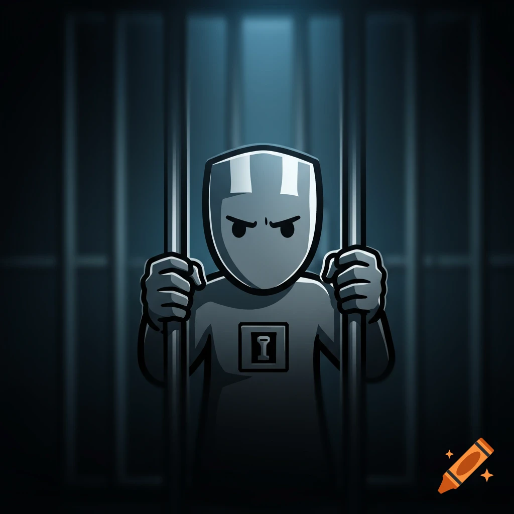 Stylized illustration of an angry grey character with a keyhole on its chest, gripping prison bars.