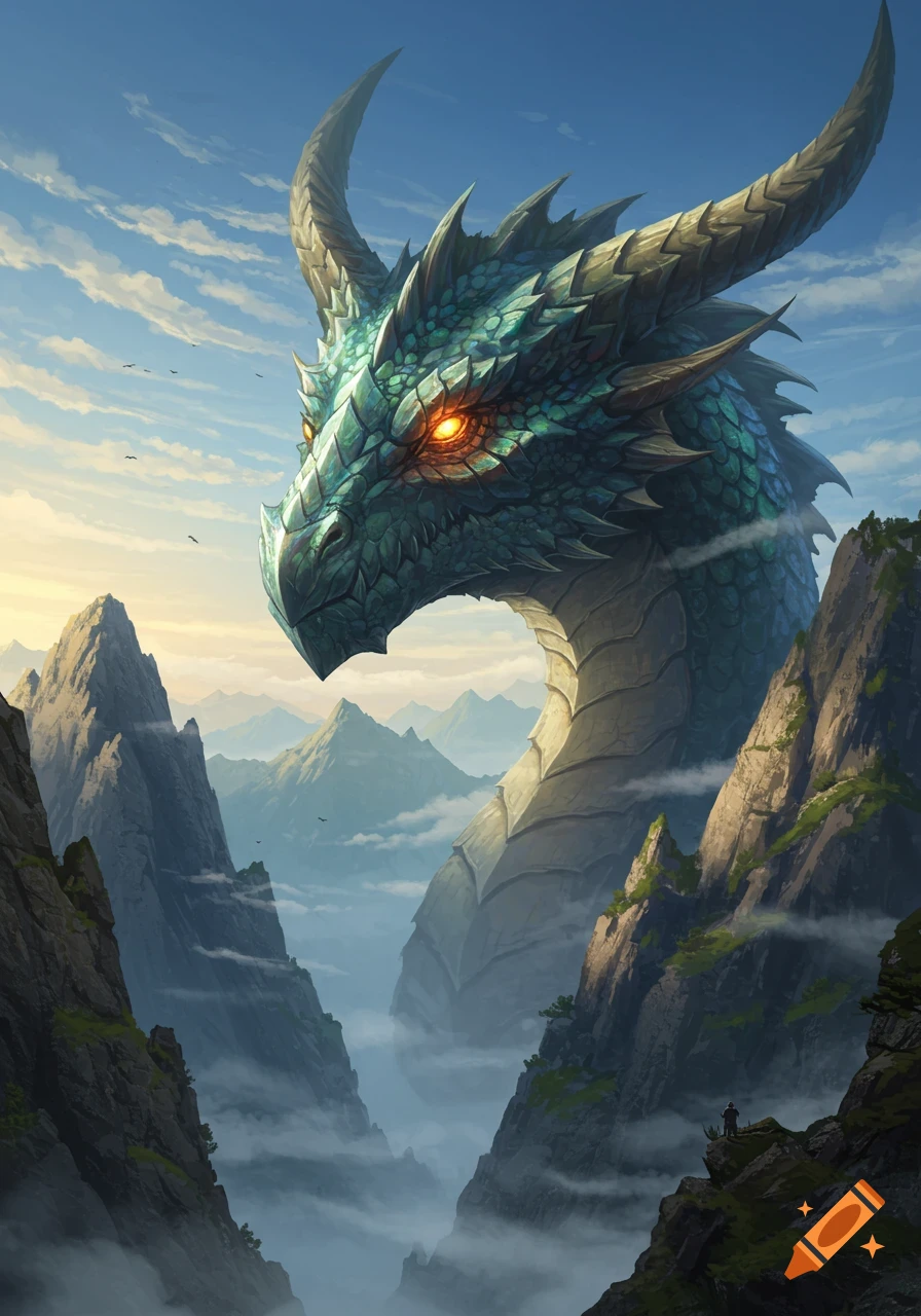 A giant green and blue dragon head with glowing orange eyes emerges from misty mountain peaks at sunrise, with a small figure watching.