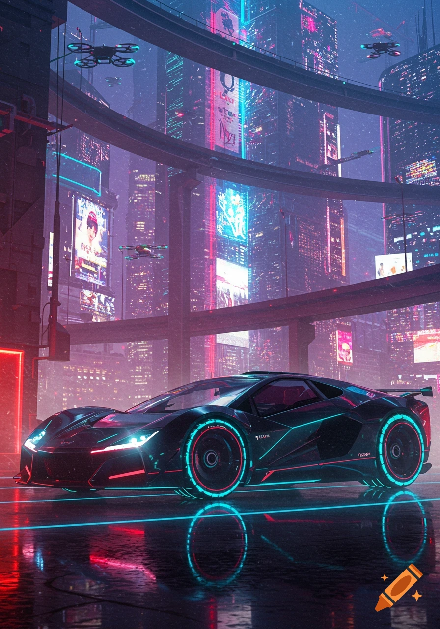 A sleek, black futuristic sports car with neon blue and red lights on a wet road, reflecting a vibrant cyberpunk city at night with glowing billboards and elevated roadways. Drones fly overhead.
