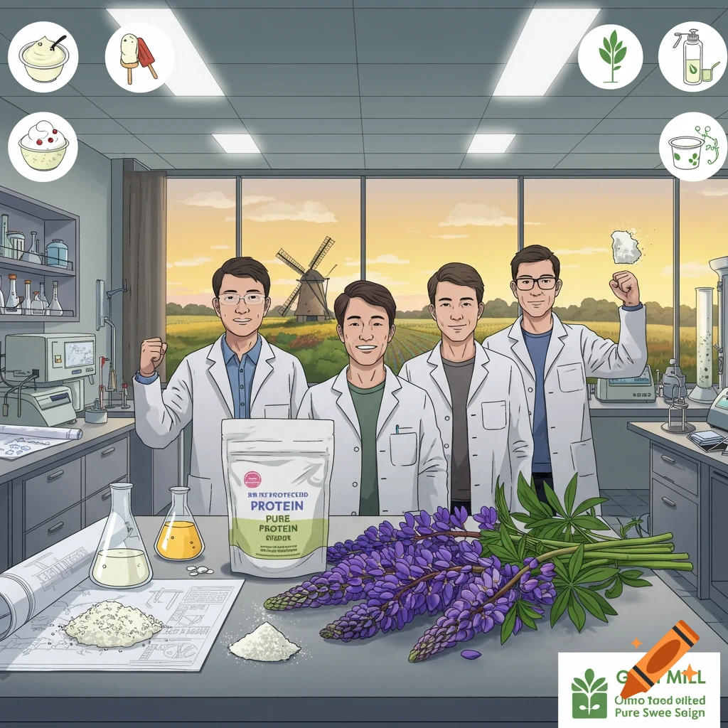 Four male scientists in lab coats stand in a laboratory, showcasing a protein powder pouch made from purple lupine flowers, with a windmill in the background. The style is a clean, graphic illustration.
