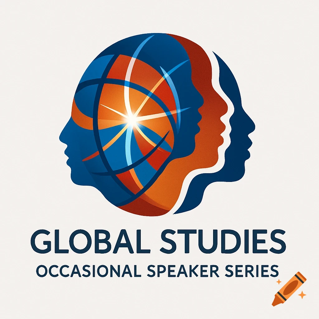 Modern logo for Global Studies Occasional Speaker Series with blue and orange human head silhouettes and a stylized globe.