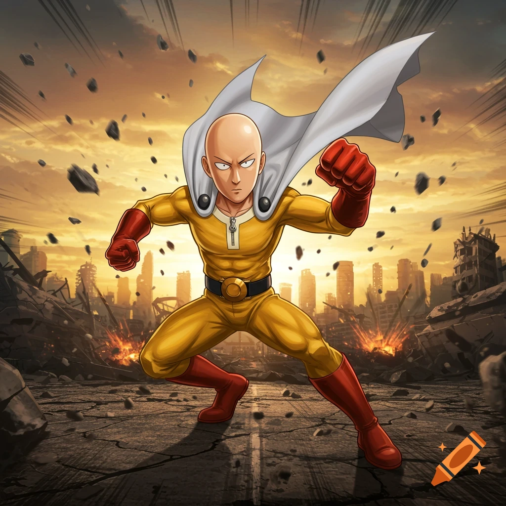 One-Punch Man in yellow suit and white cape, crouching amidst a destroyed city with falling debris and a sunset sky, anime style.