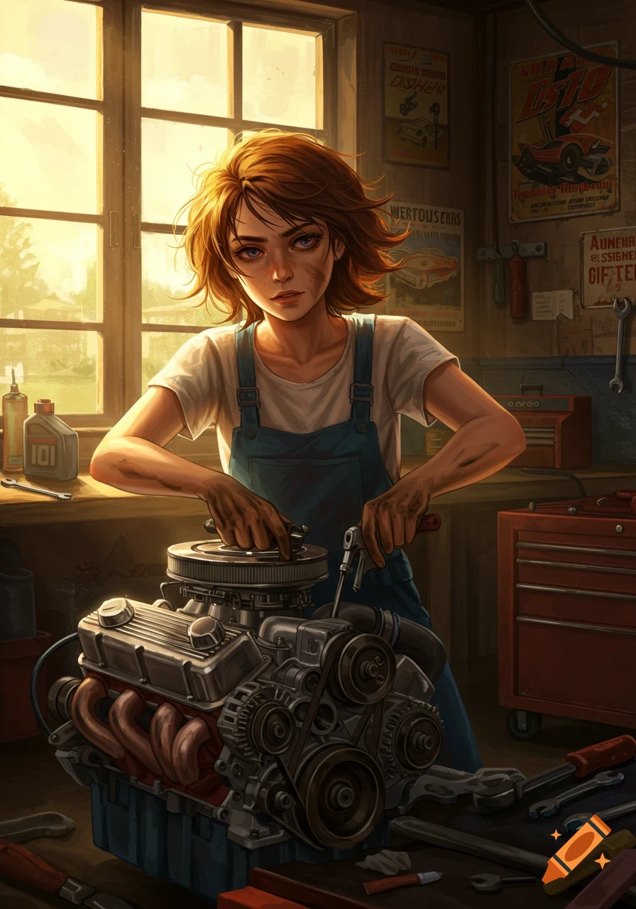 A stylized illustration of a teenage girl with dirty hands in denim overalls, intently working on a car engine in a sunlit garage.