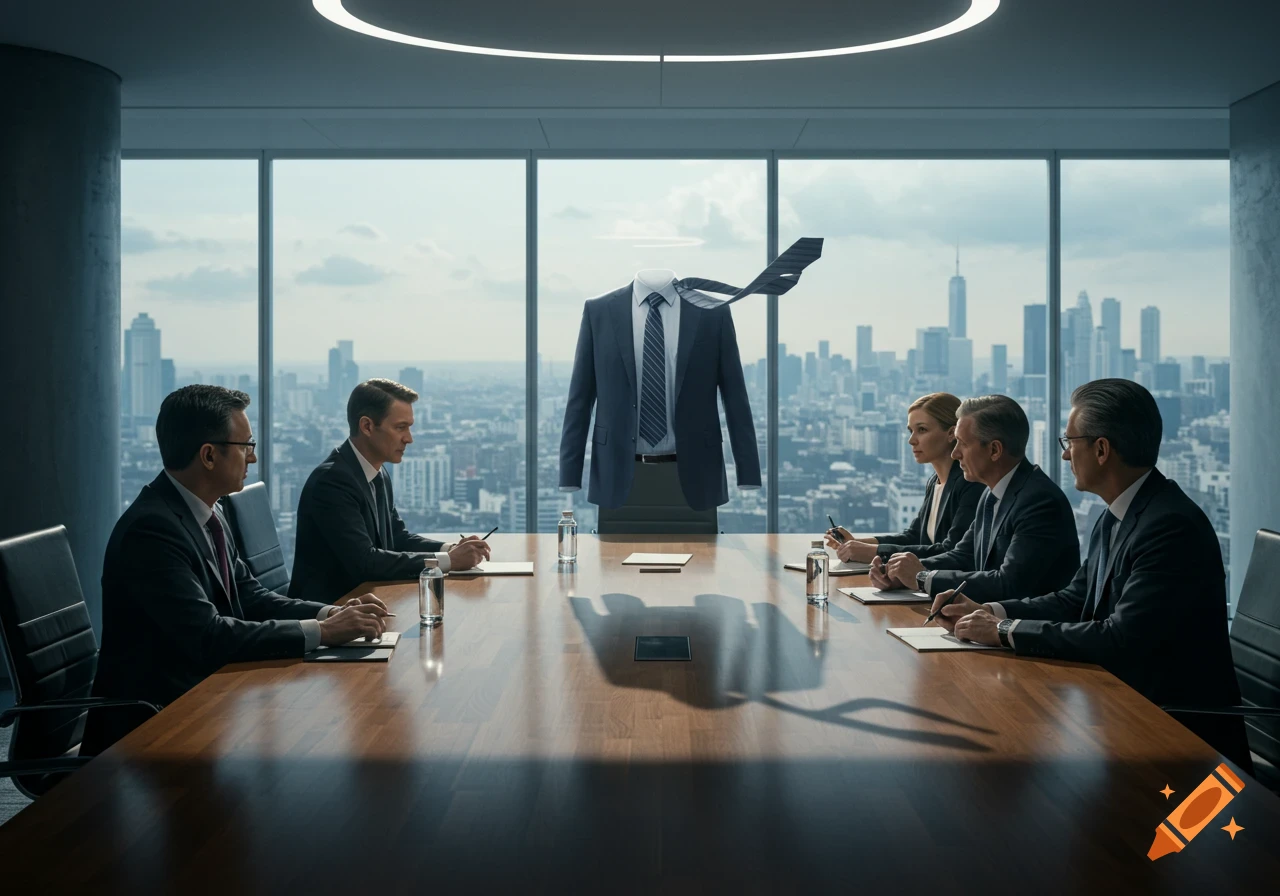 Executives in a modern boardroom observe a floating suit and tie representing an invisible attendee, with a city skyline visible through large windows.