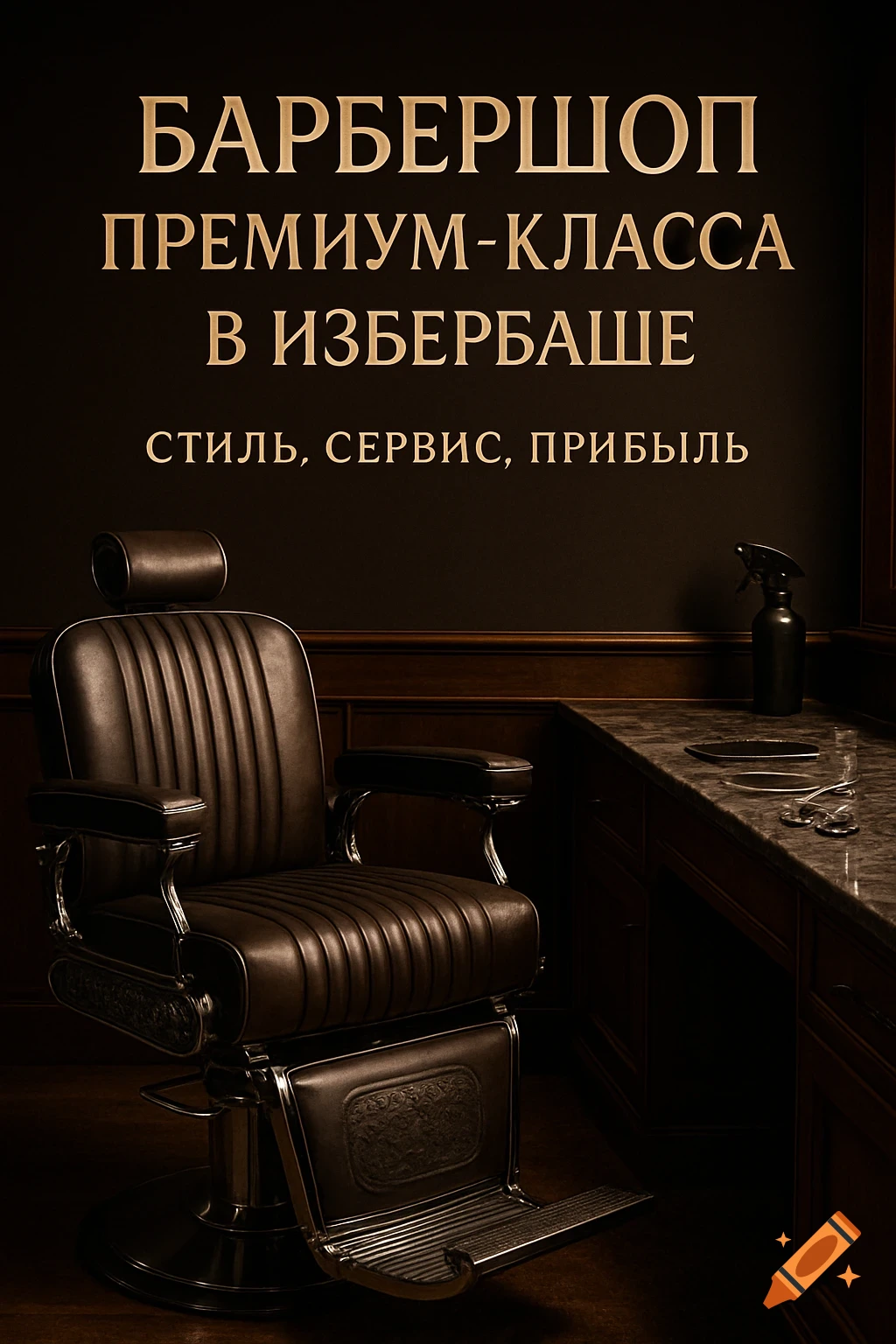 A classic leather barbershop chair in a dark, luxurious interior with golden Russian text above, and tools on a marble counter.