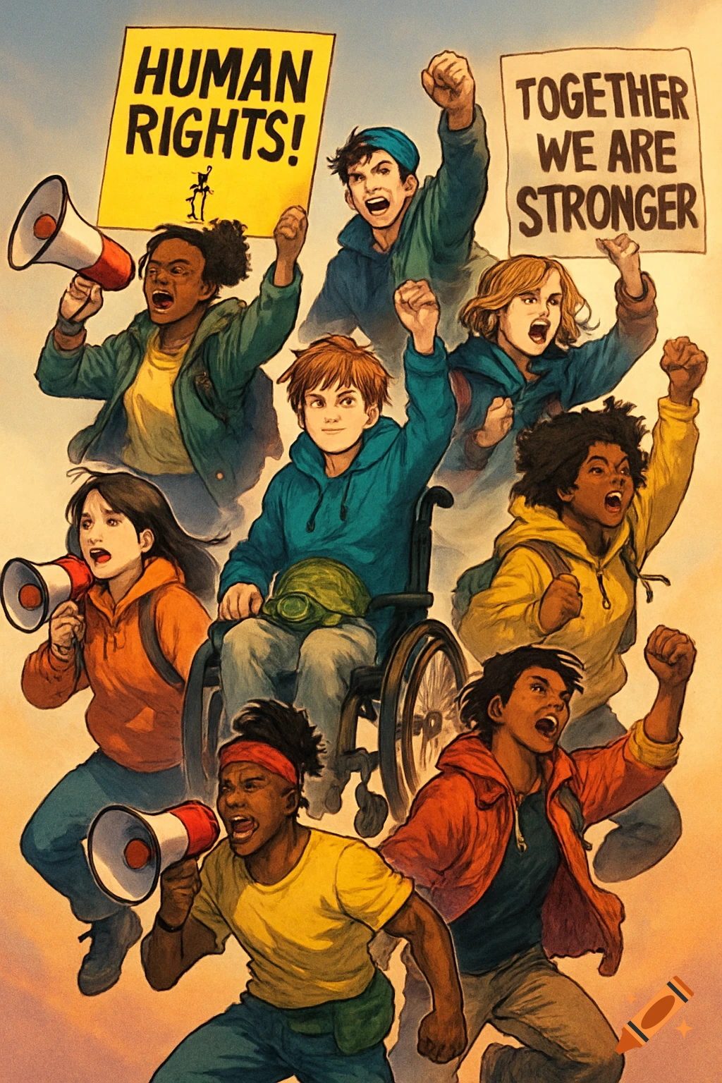 An anime-style illustration of diverse young activists protesting for human rights, with some holding megaphones and signs.