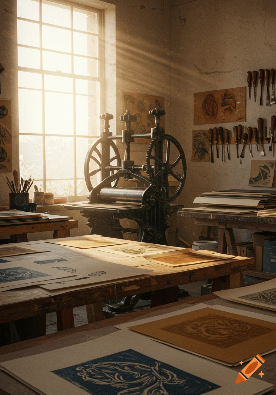 Photorealistic image of a sunlit vintage printmaking studio with a large press, carving tools on the wall, and finished prints on wooden tables.