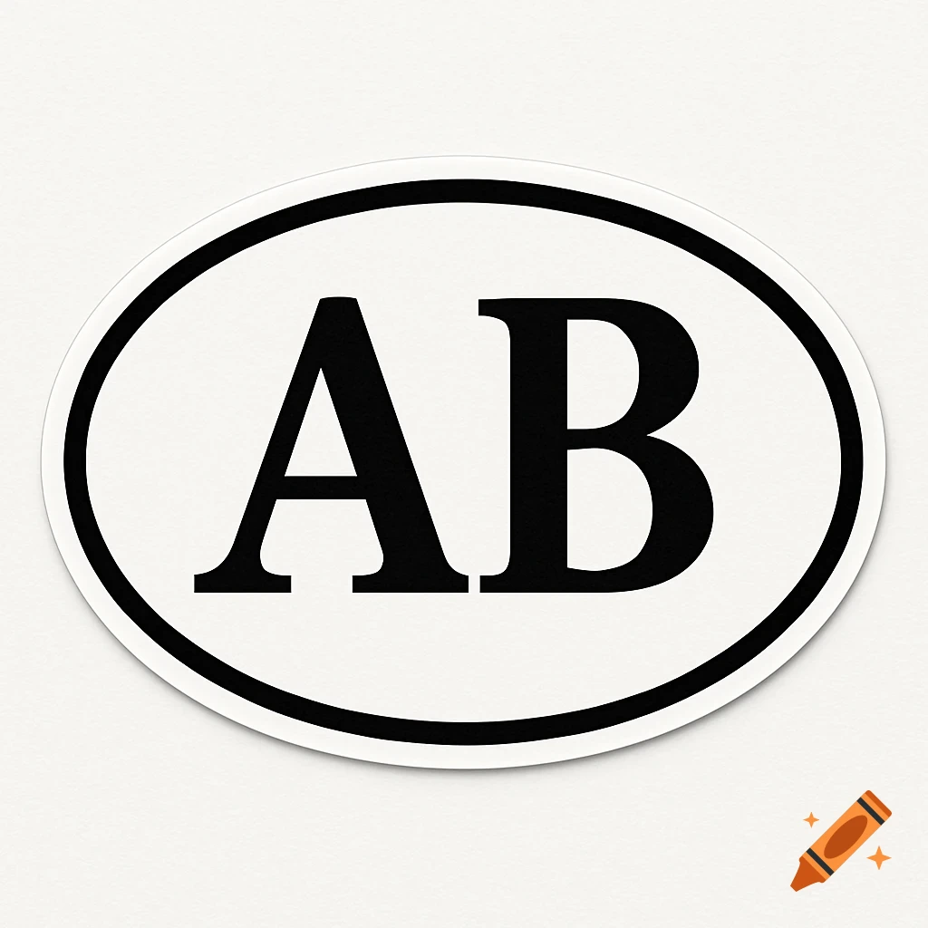 A white oval European car country sticker with the black letters 'AB' in the center on a textured white background.