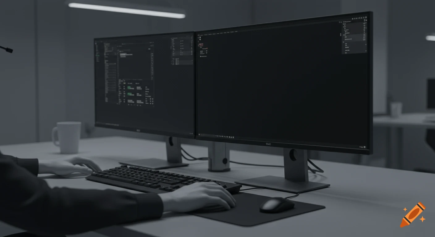 Close-up of a person's hands typing on a keyboard and using a mouse at a desk with two dark computer monitors in a monochrome office setting.