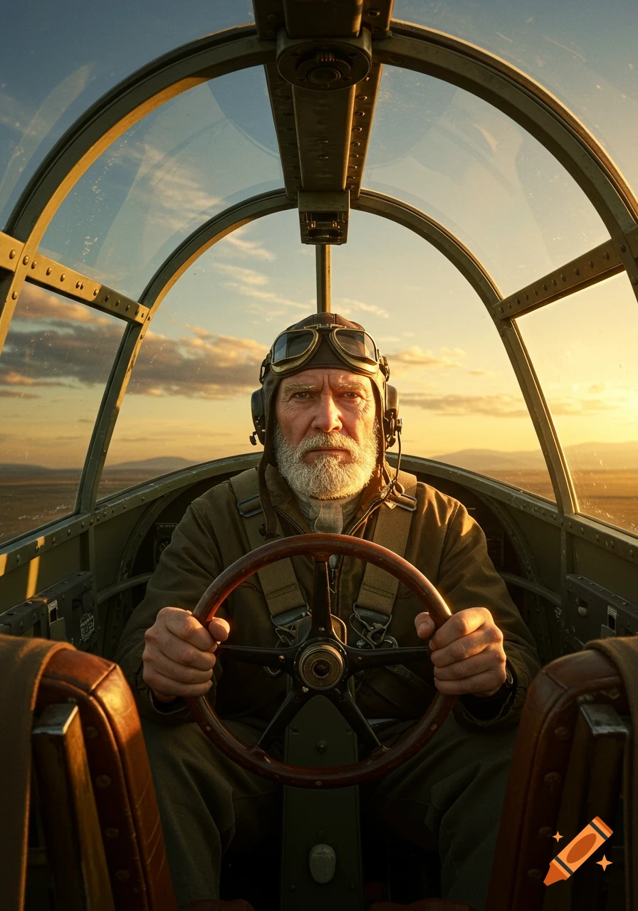 A grizzled pilot with a white beard and goggles sits in an airplane cockpit at sunset, gripping the steering wheel.