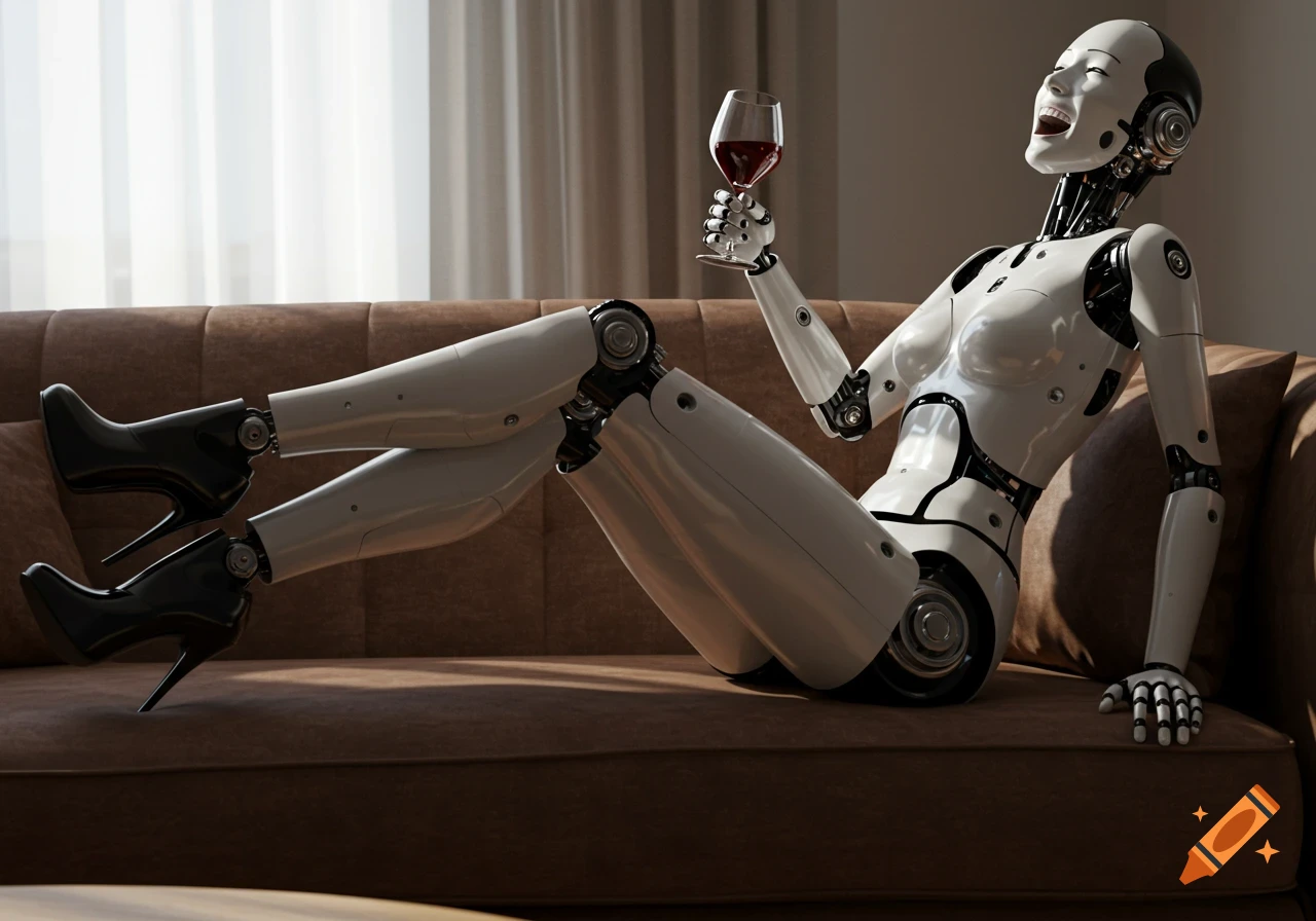 A photorealistic robot woman in high heels laughs and leans back on a sofa, holding a glass of wine.