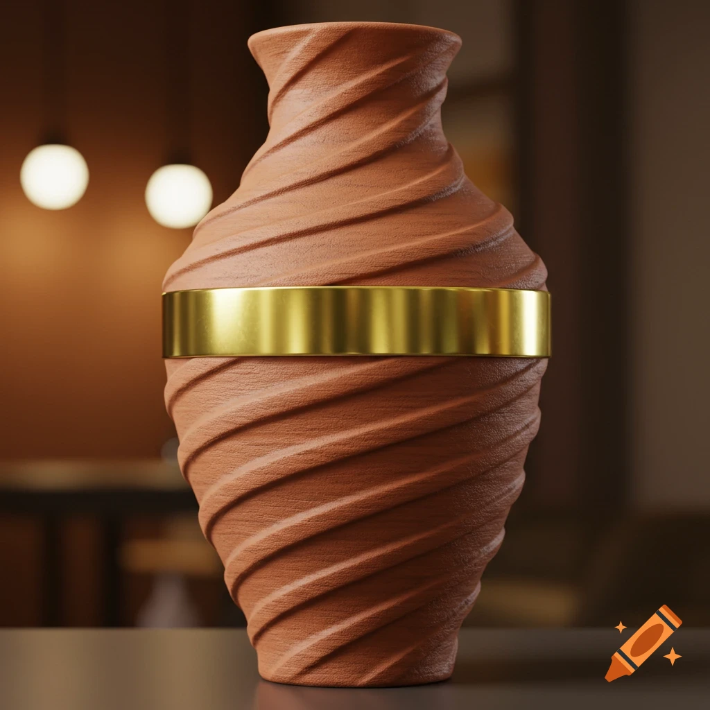 A textured terracotta vase with a shiny gold metallic band, set against a blurred warm background.