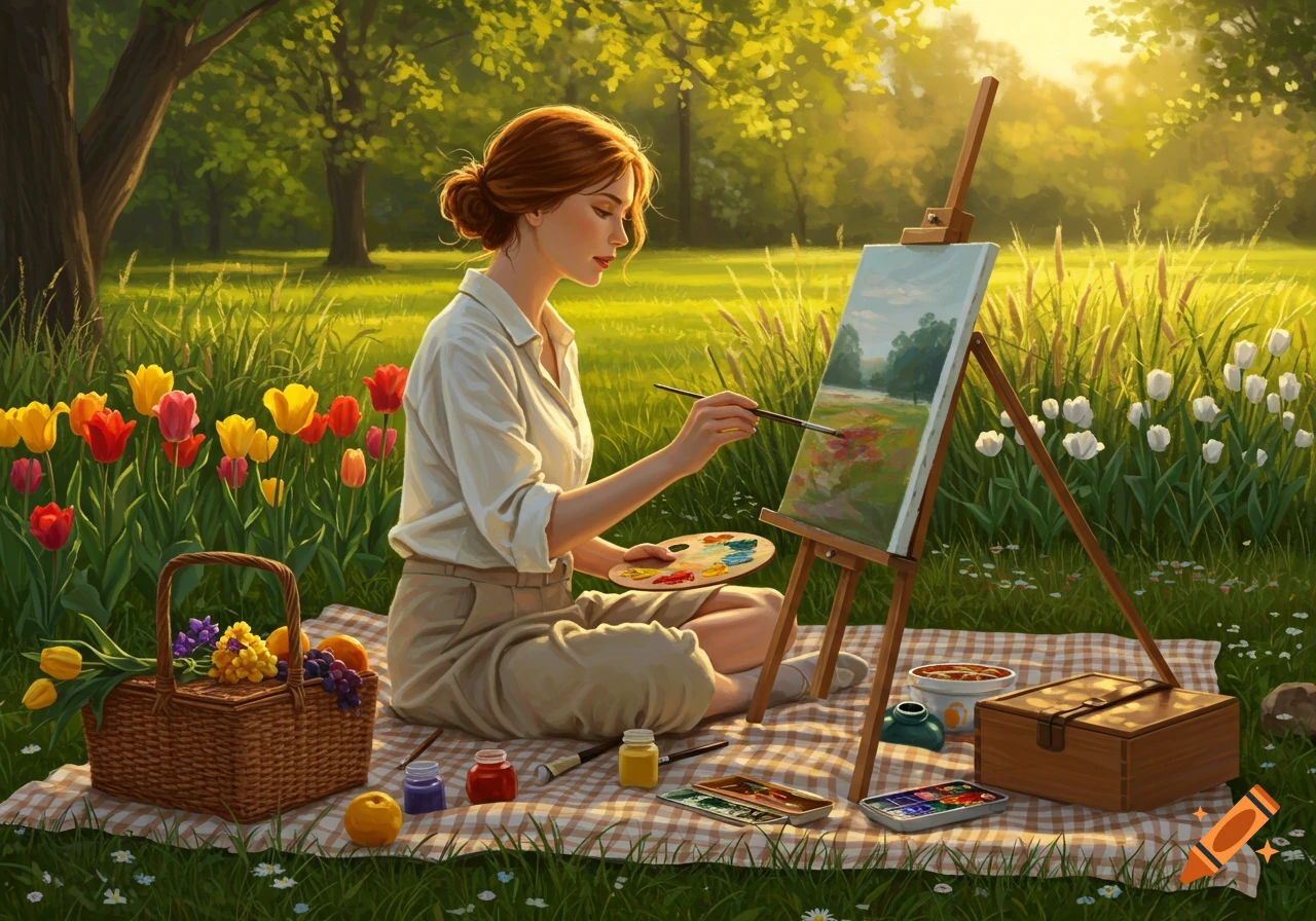 A young woman painting in a lush green park during a picnic, with tulips and a golden sunlit background.