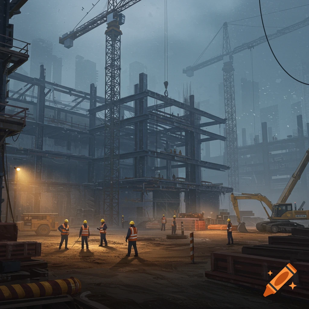 A dark industrial construction site with multiple cranes, skeletal buildings, and workers in safety vests under a moody sky.