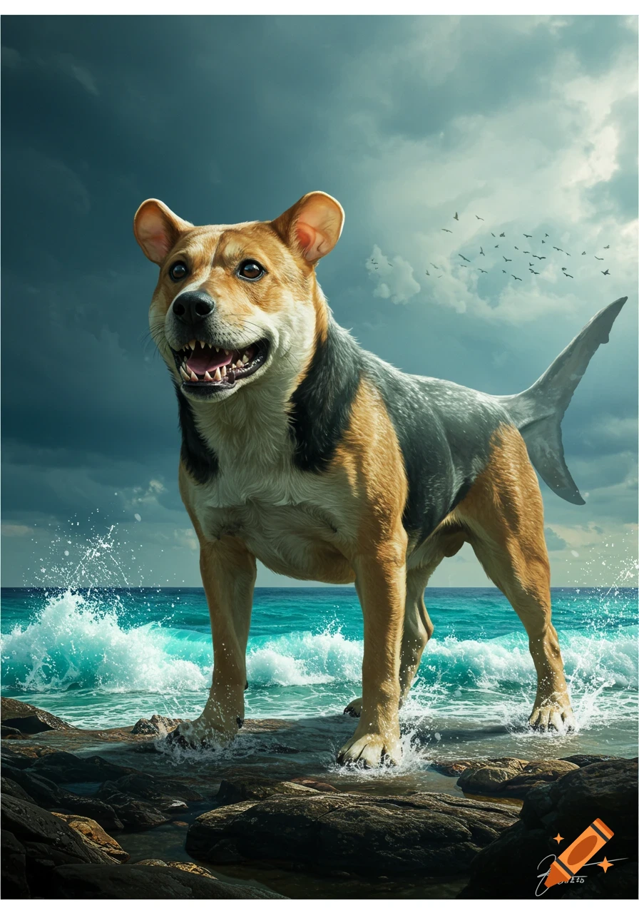 A photorealistic dog-like creature with shark teeth and a shark tail stands on ocean rocks, waves splashing. A dramatic cloudy sky with birds.