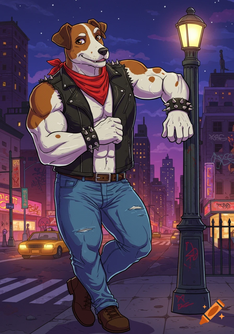 Cartoon of a muscular anthropomorphic Jack Russell terrier in a leather vest and jeans, leaning on a lamppost on a city street at night.