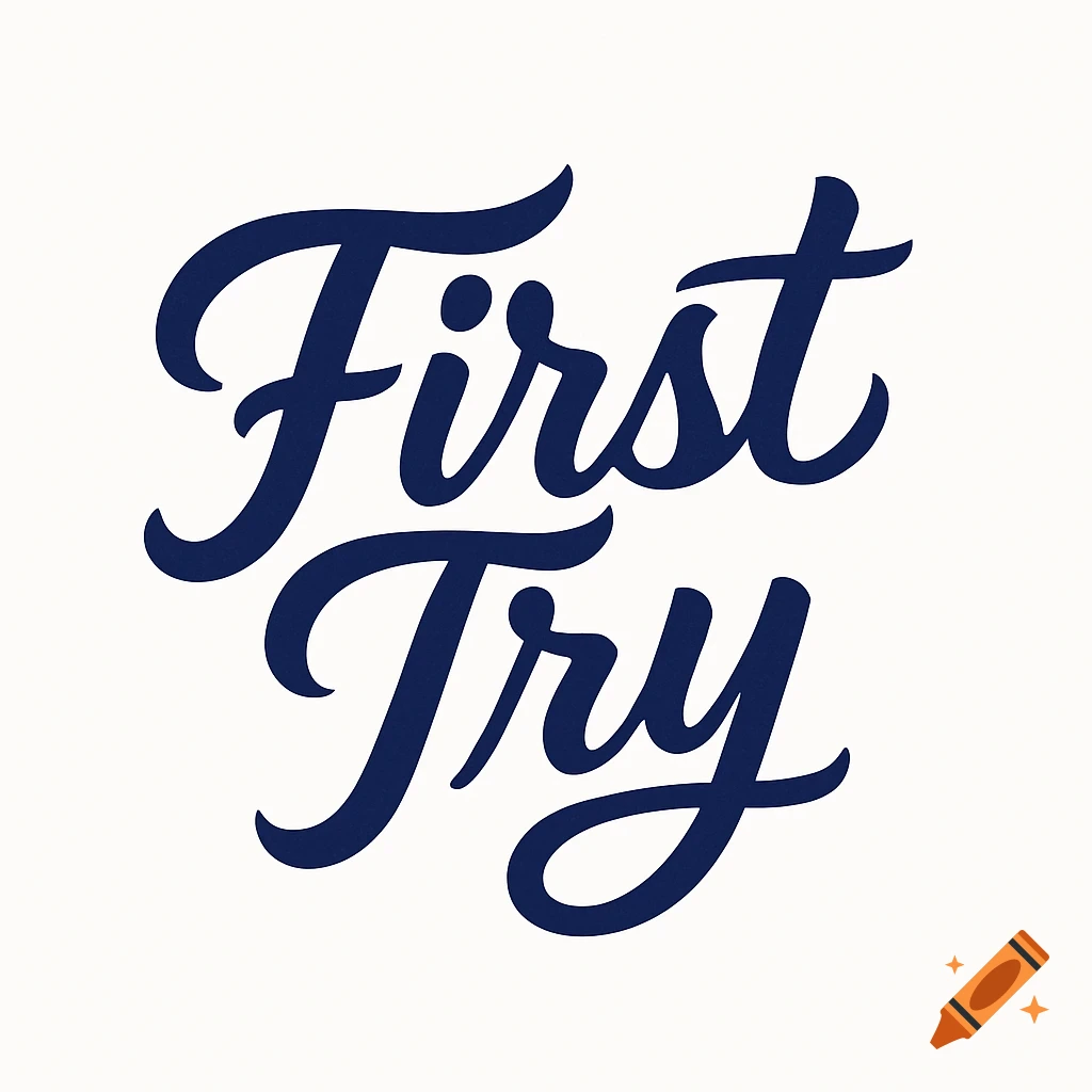Elegant dark blue cursive typography reads 'First Try' on a white background.