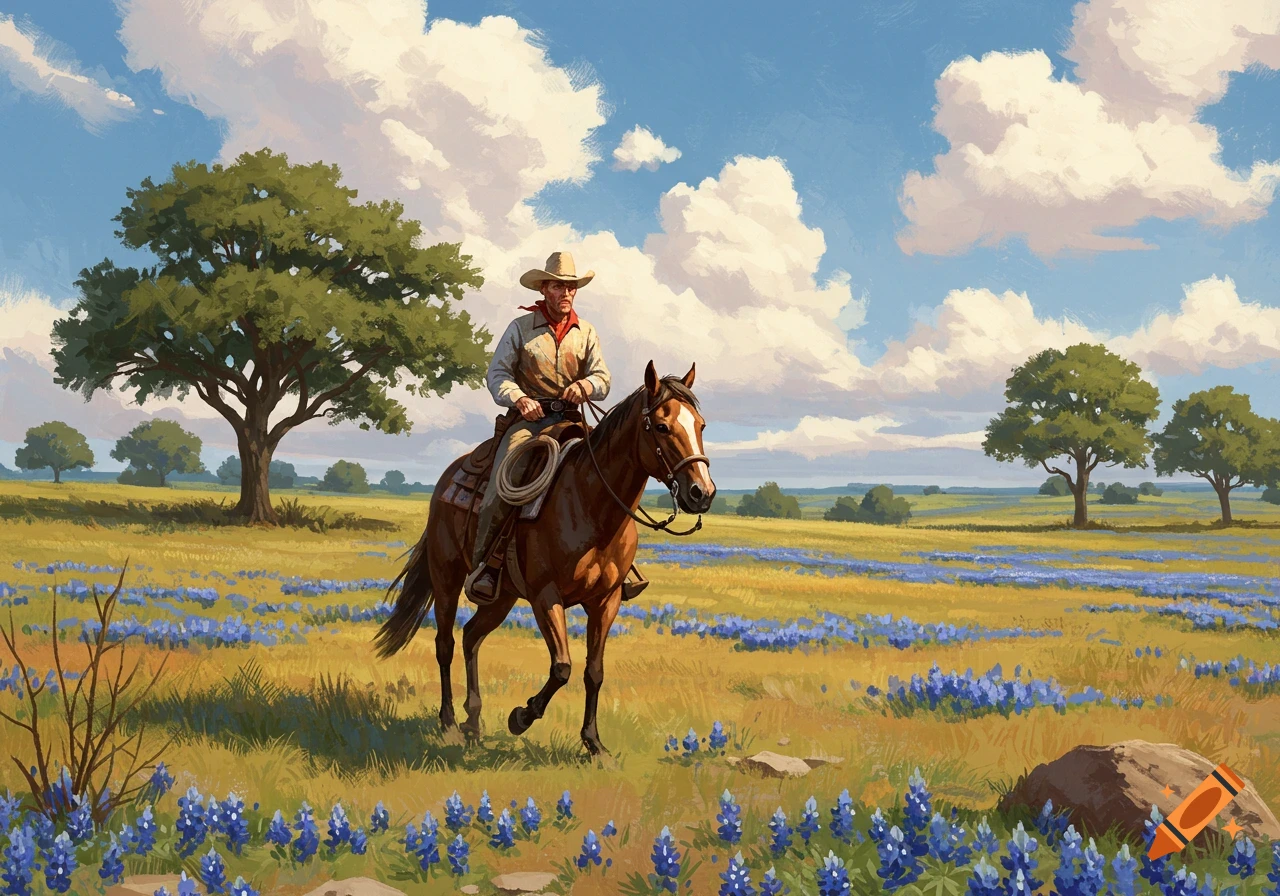 A painterly image of a cowboy on horseback in a field of bluebonnets under a cloudy sky.