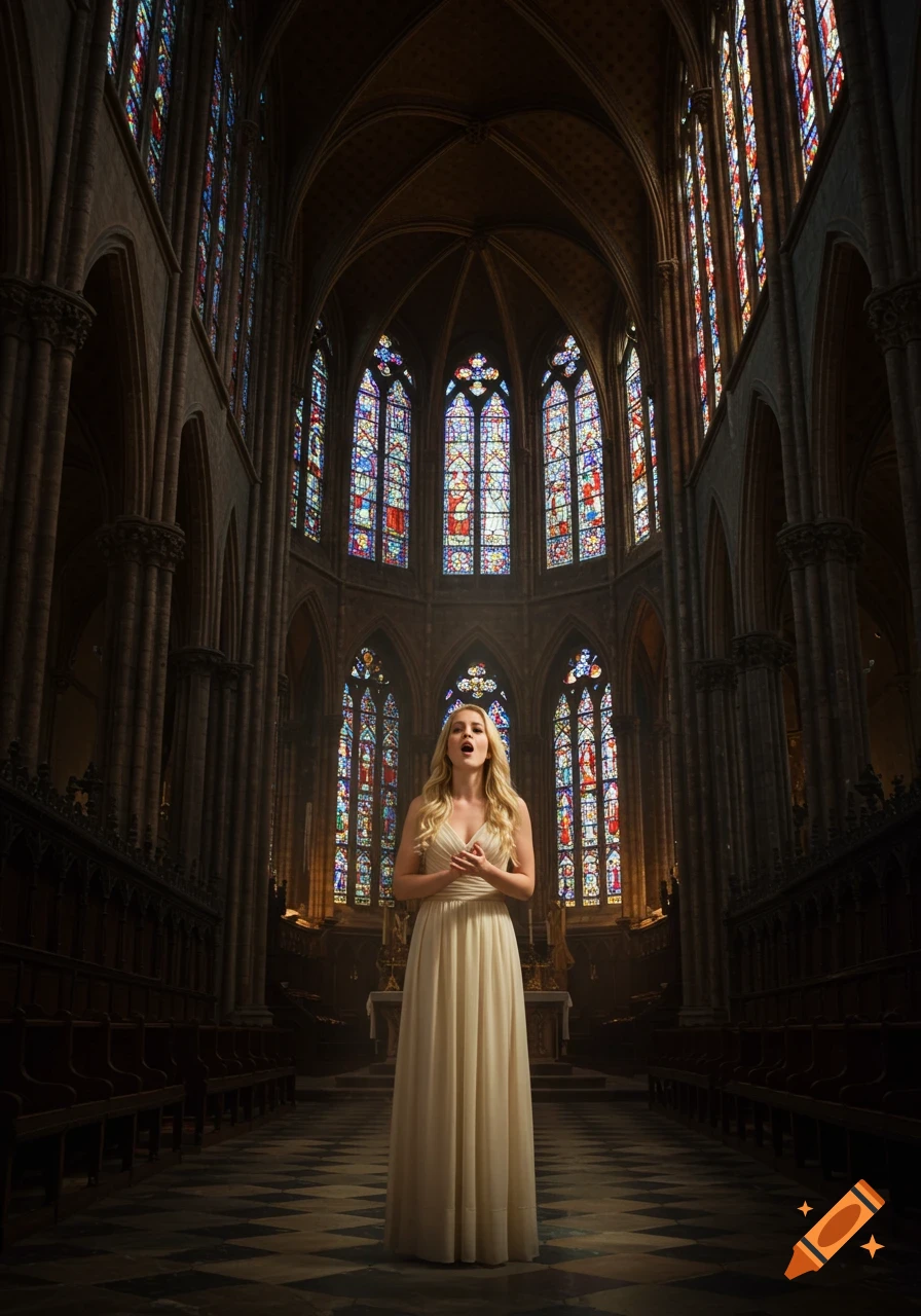 A photorealistic image of a blonde woman in a cream dress singing in a grand cathedral with colorful stained glass windows.