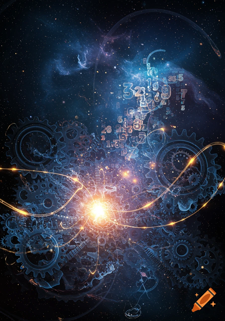 Abstract cosmic scene with glowing orange energy at the center, surrounded by interconnected gears, scattered numbers, and a starry nebula background.