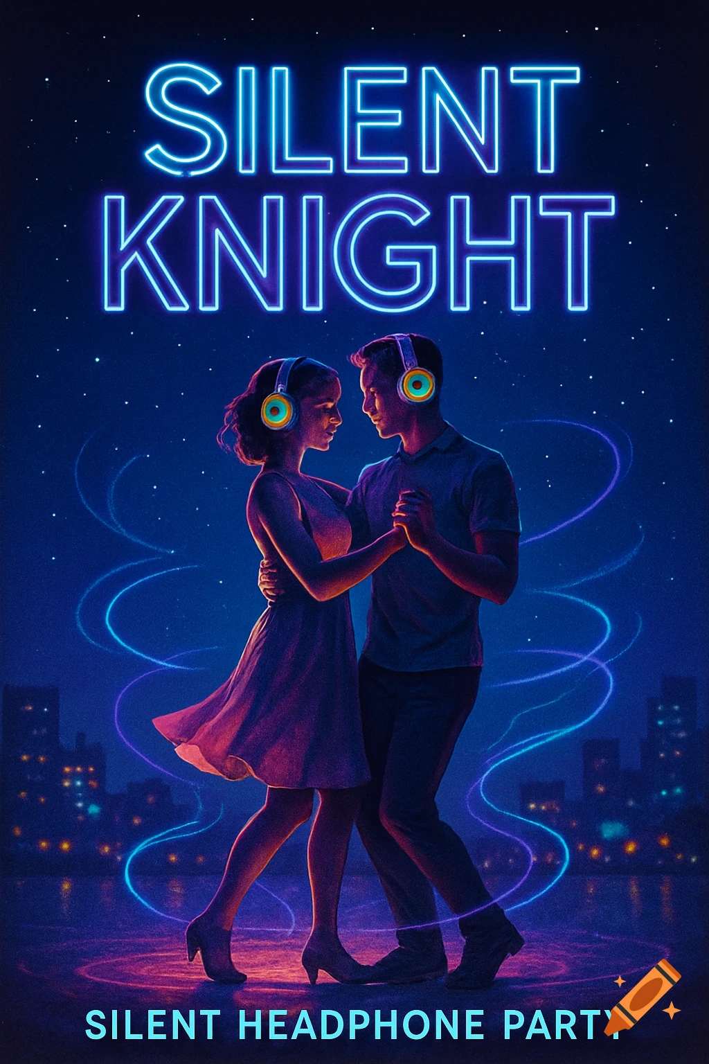 A couple dances wearing glowing headphones under neon 'SILENT KNIGHT' text, against a starry sky and city skyline. Text also says 'SILENT HEADPHONE PARTY'.
