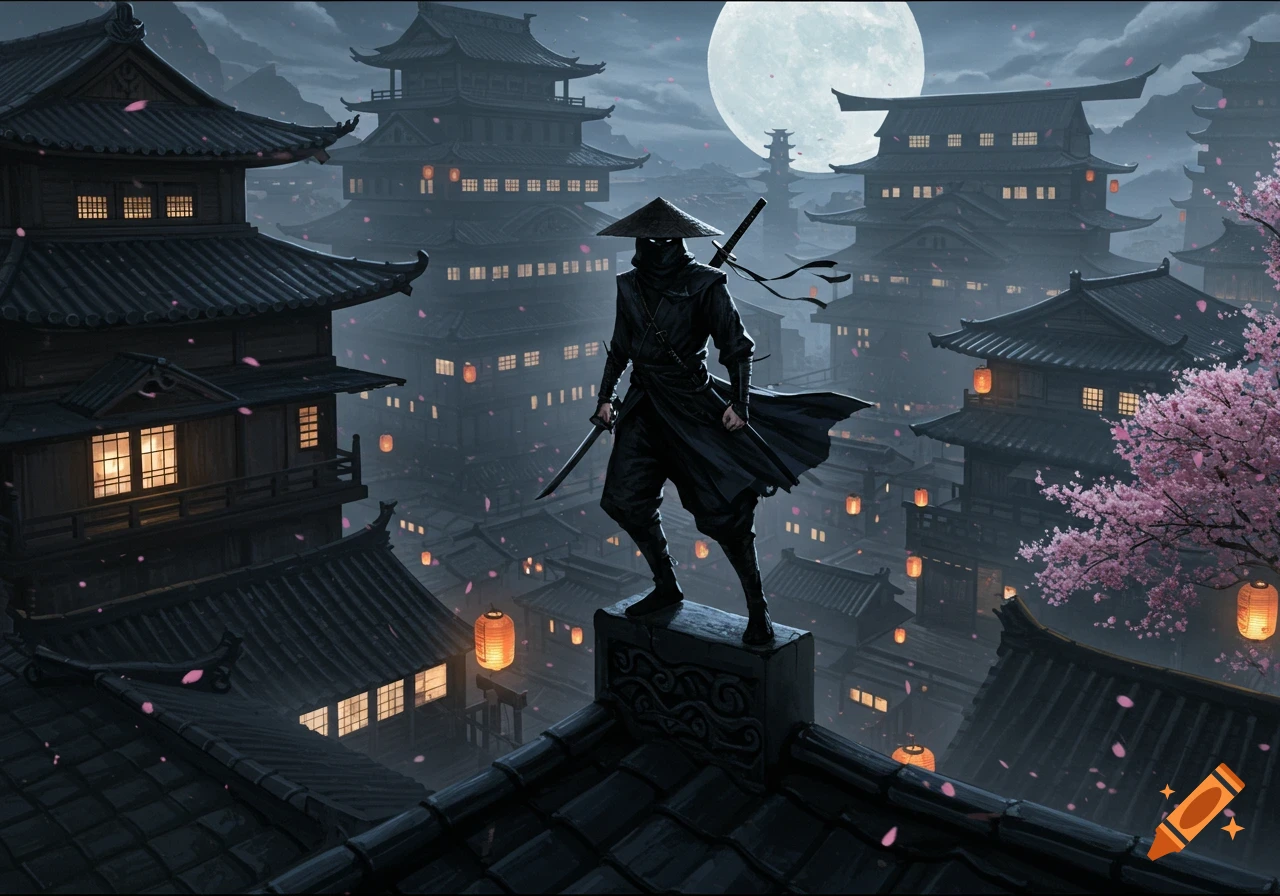 A ninja on a rooftop in a sprawling Japanese city at night. A full moon illuminates buildings, glowing lanterns, and cherry blossoms.