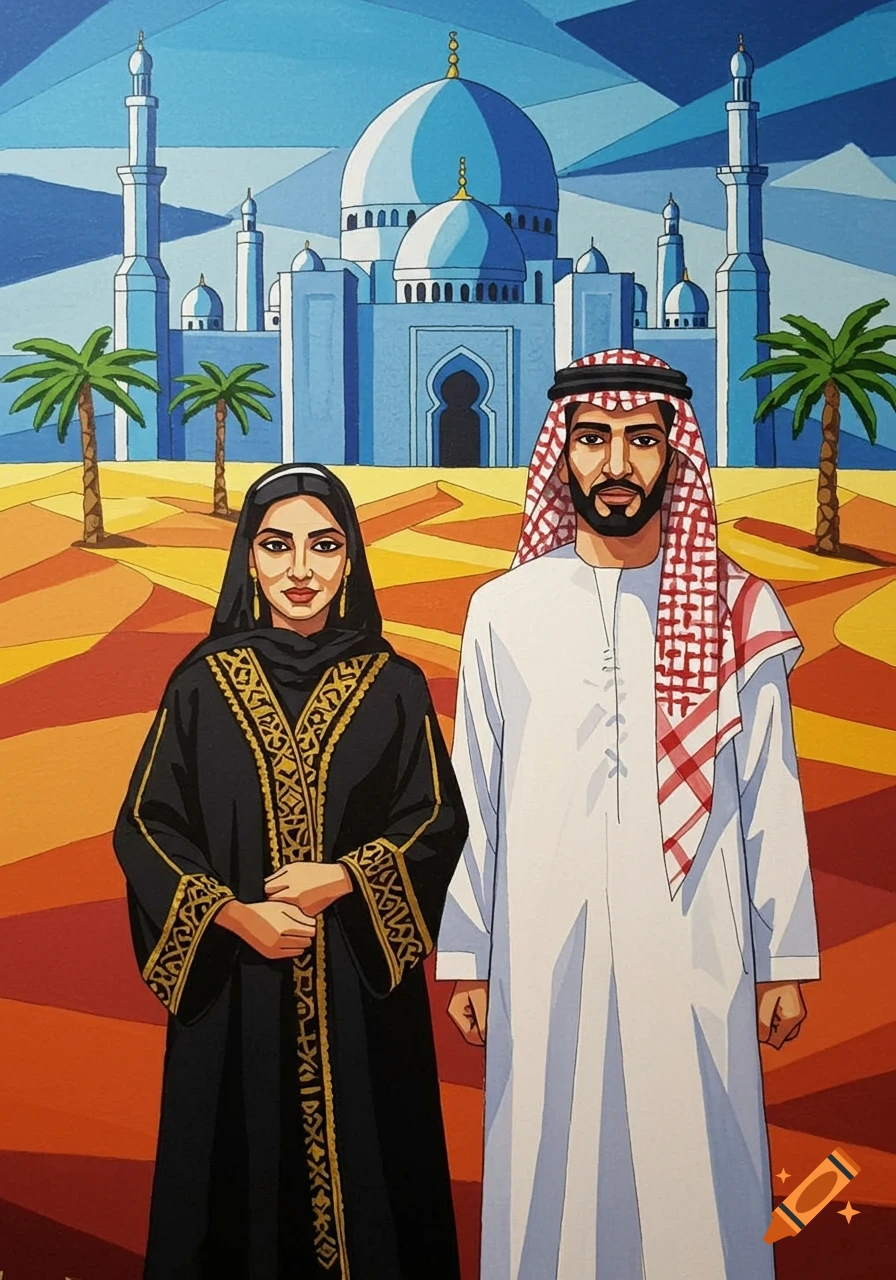 A man and a woman in traditional Middle Eastern attire stand in front of a blue mosque and desert landscape, in a cubist art style.