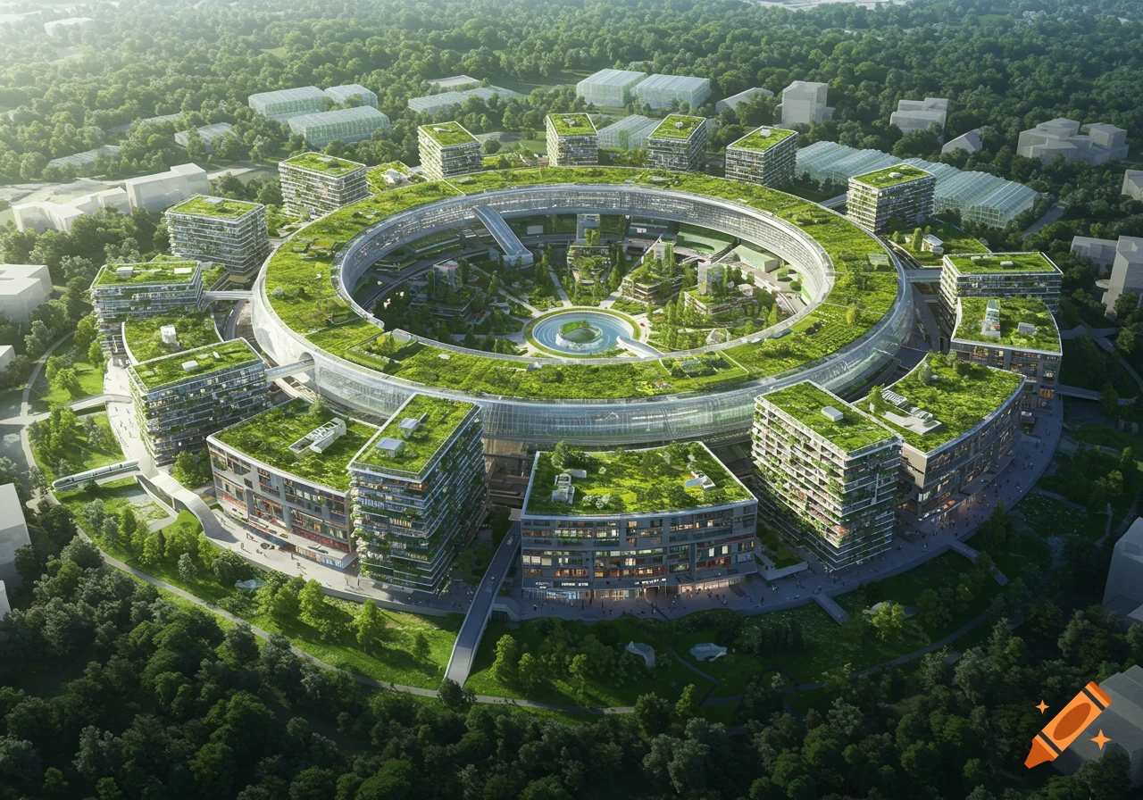 Aerial view of a circular, futuristic eco-city with green roofs, surrounded by forests, featuring modern architecture and a central courtyard.