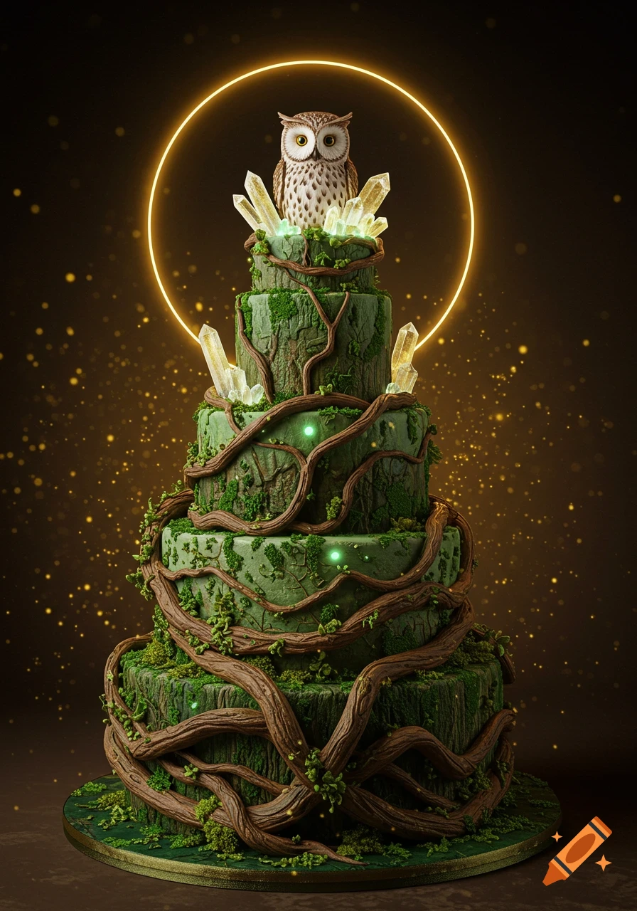 A multi-tiered green cake decorated with moss, vines, clear crystals, and an owl on top, encircled by a glowing golden halo.