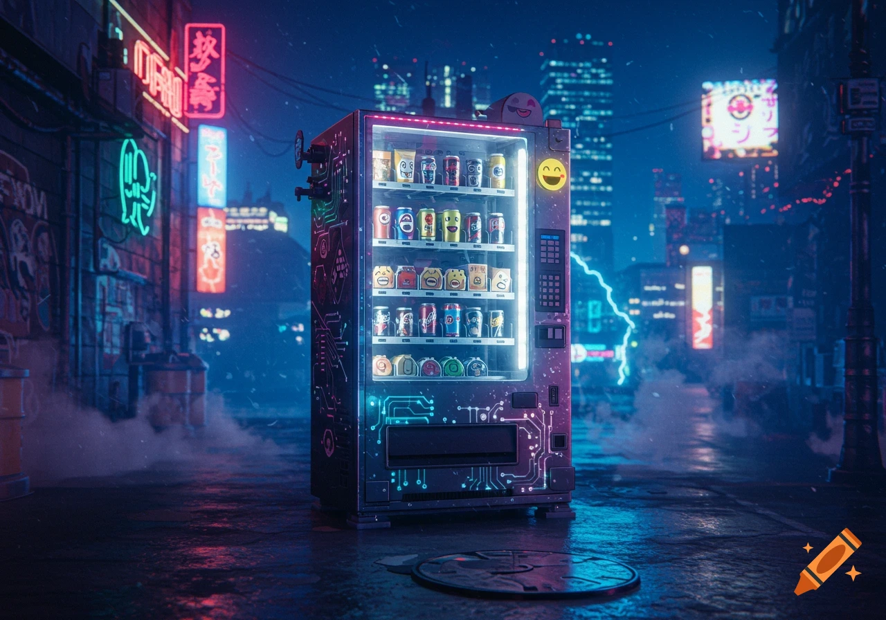 A neon-lit vending machine stands on a wet street in a futuristic cyberpunk city at night, reflecting vibrant colors.