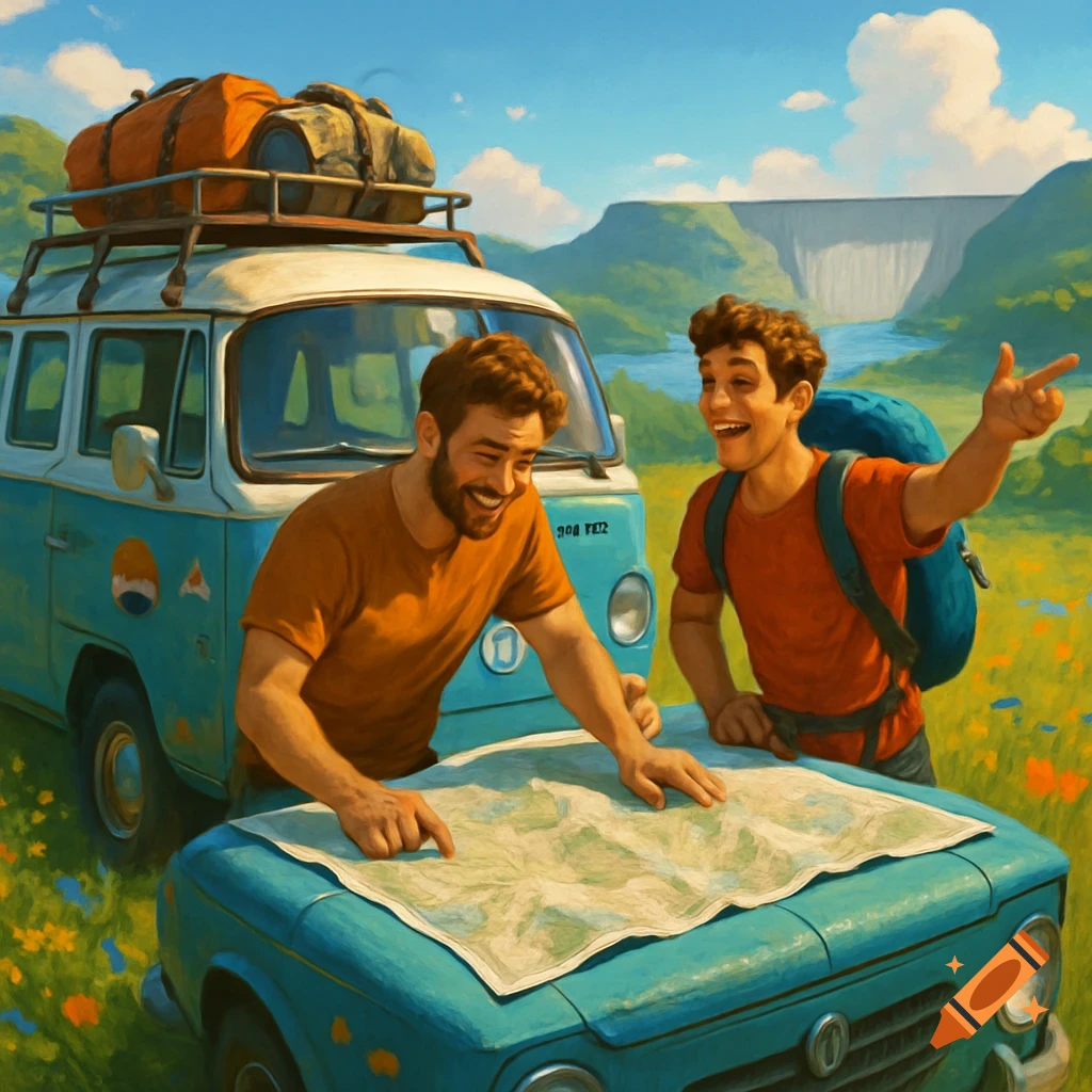 Illustration of two smiling men planning a road trip, looking at a map on a blue car with a van, and a dam in the background.
