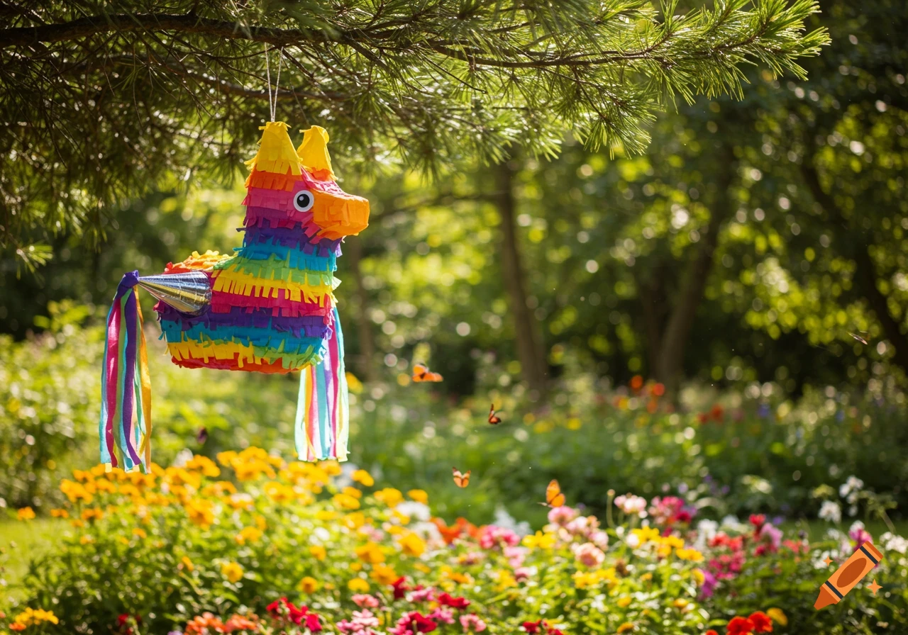 A rainbow-colored pinata hangs from a pine tree branch in a sunny flower garden with butterflies.