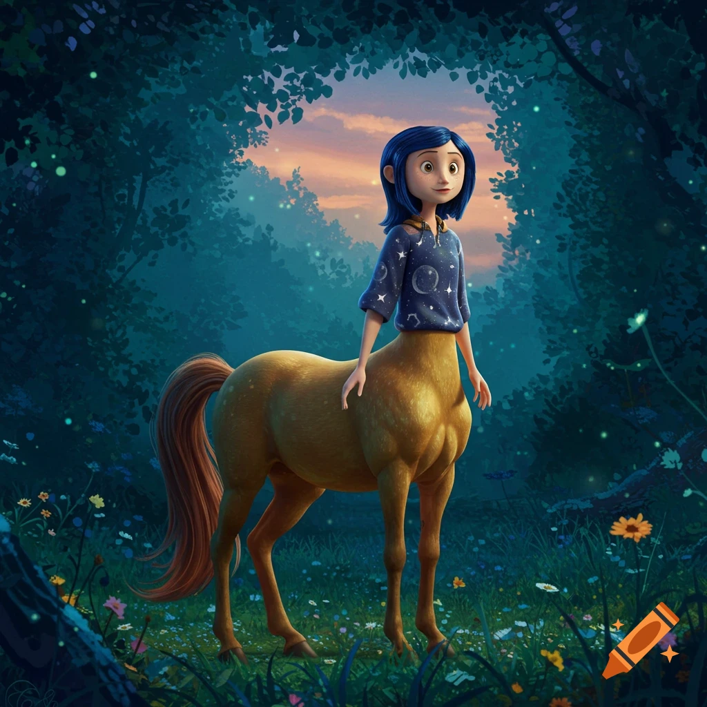 Coraline as a centaur with blue hair and a starry shirt stands in an enchanted forest at sunset, surrounded by colorful flowers and glowing lights.