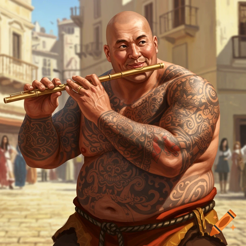 A bald, heavily tattooed man with a silly expression plays a golden flute in a sunny, old-world street scene.