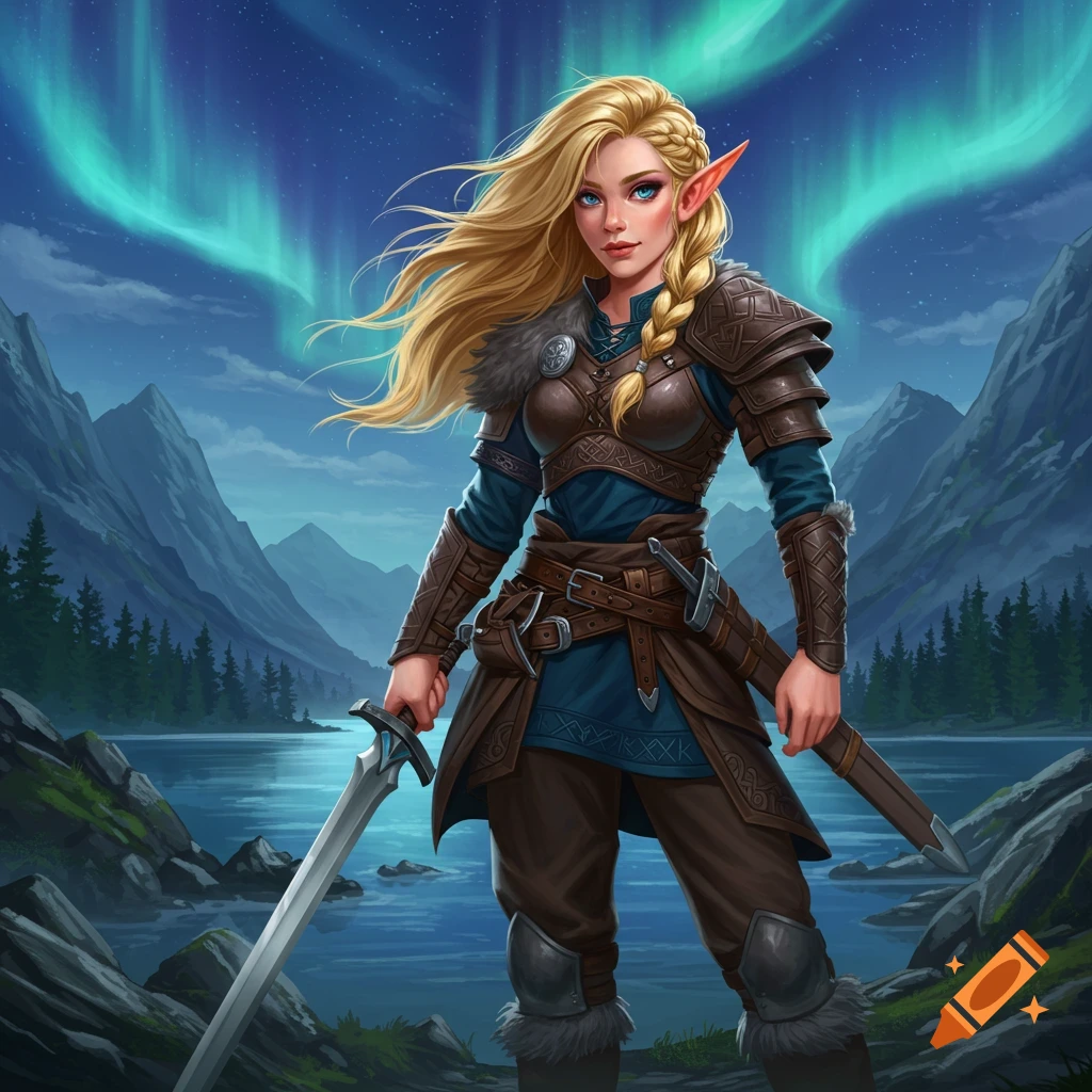 A blonde elf warrior in leather armor holds a sword by a lake with mountains under the aurora borealis, in an animation style.