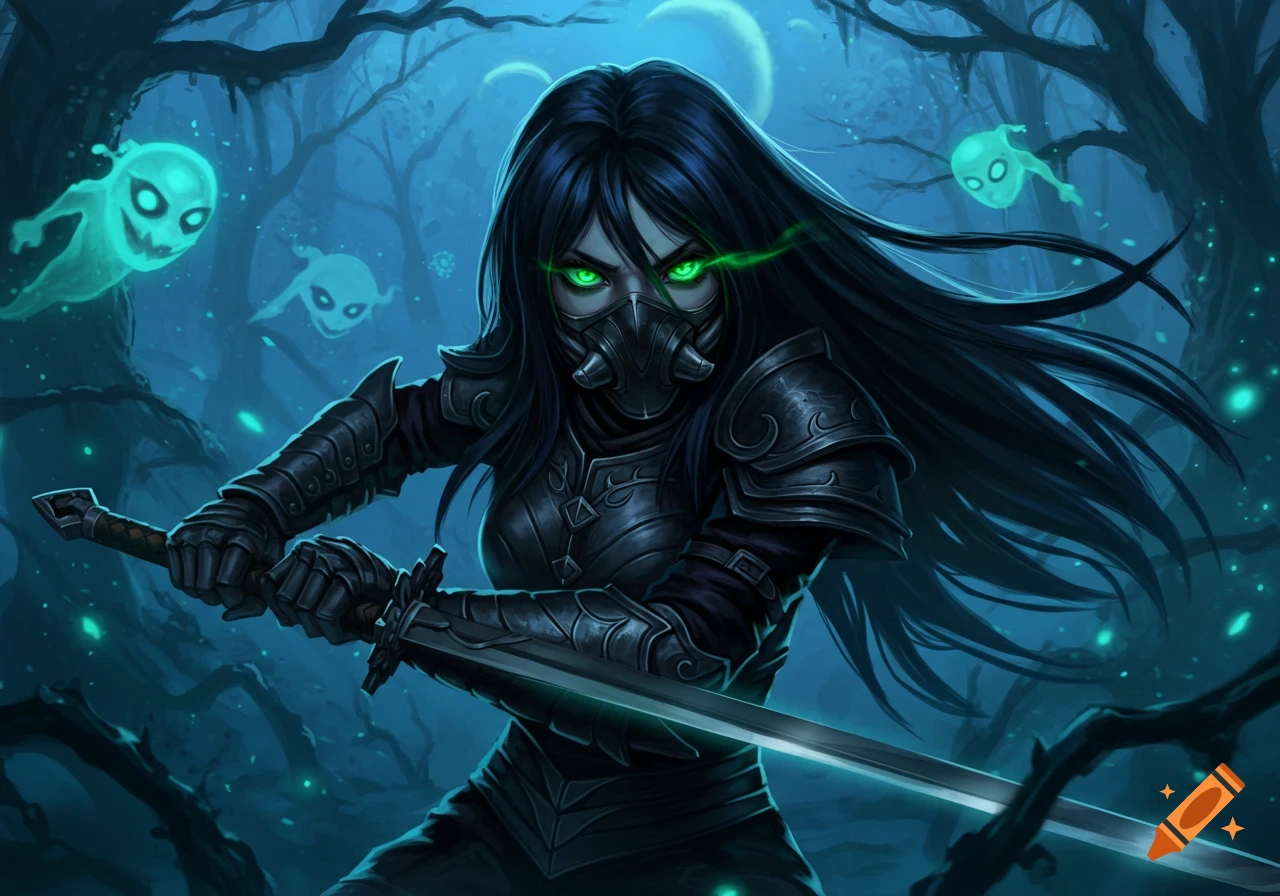 A masked warrior with glowing green eyes in dark armor holds a sword in a spooky, bioluminescent forest with floating green ghosts.