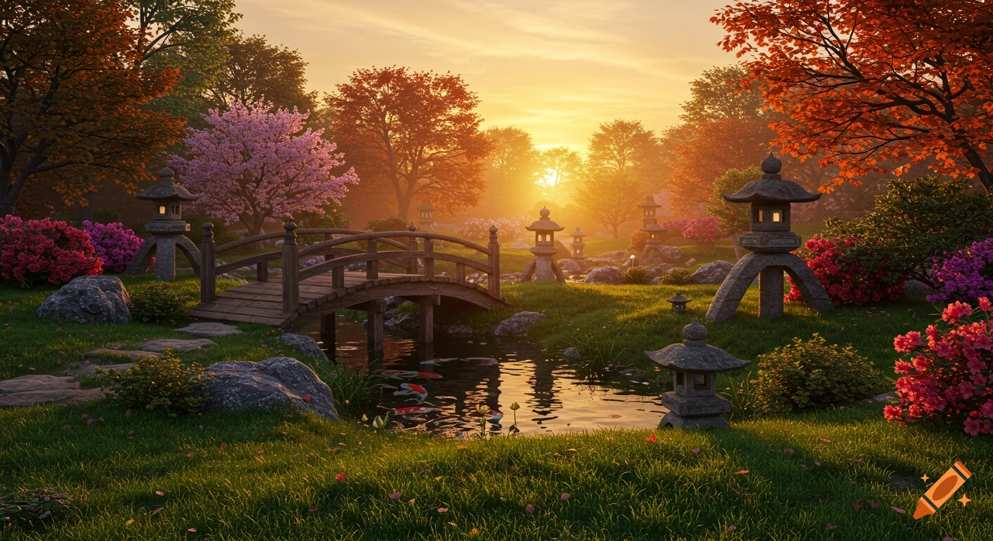 A hyperrealistic Japanese garden at sunset, featuring a wooden arched bridge over a pond with koi fish, stone lanterns, lush grass, and vibrant trees.