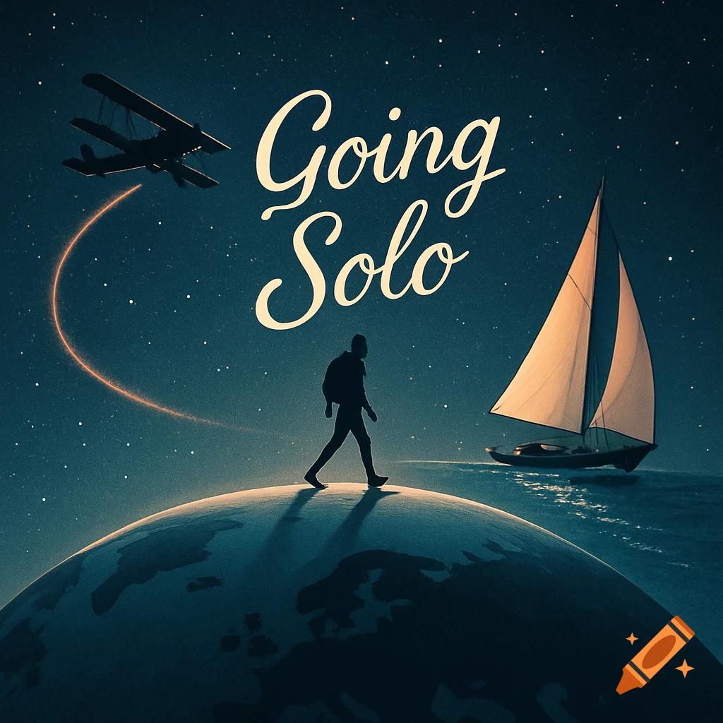 Silhouette of a person walking on a globe under a starry sky, with a biplane, sailboat, and 'Going Solo' text.