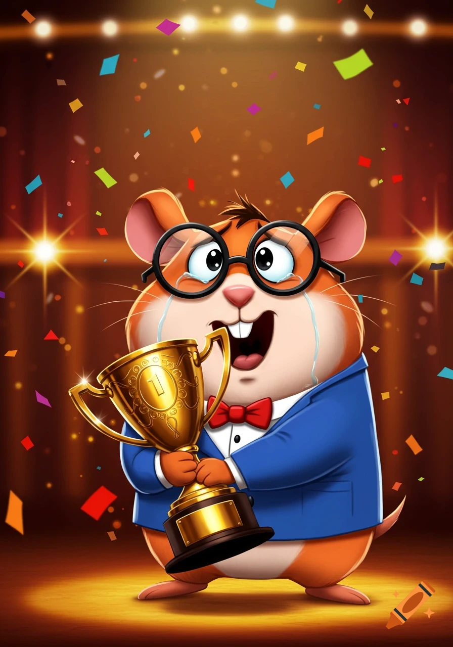 A cartoon hamster in glasses and a suit cries happily while holding a golden trophy under falling confetti.