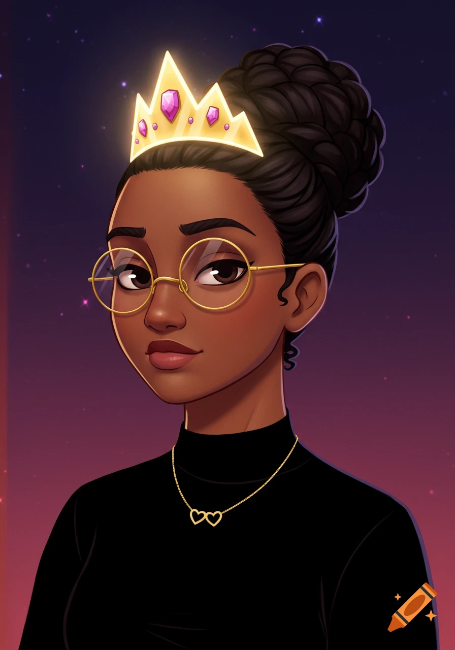 A cartoon portrait of a woman with brown skin, a braided bun, gold glasses, a glowing crown, and a heart necklace.
