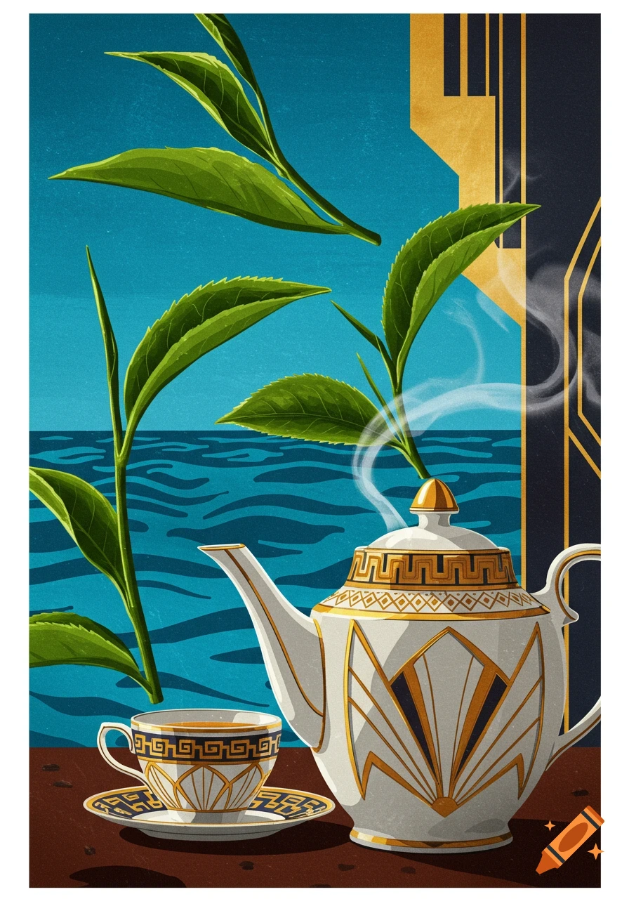 An Art Deco illustration of a white and gold teapot and teacup with green tea leaves and a blue ocean in the background.