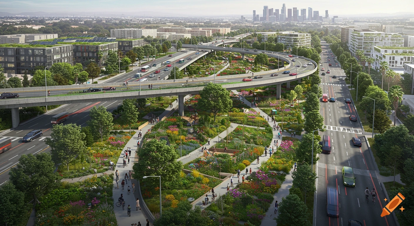 Aerial view of a futuristic, green city with highways converted into lush parks, surrounded by modern buildings.
